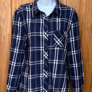 Women's Navy Plaid Button Down Shirt Large Blue White Coastal Cowgirl